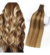 ShowJarlly Balayage Tape in Hair Extensions 22 Inch Mixed Chestnut Brown and Light Brown Light Bl...