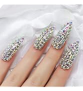 3D Rhinestone Art Deco False Nails Acrylic Shiny Diamond Long Almond Gem Gorgeous Sophisticated P...