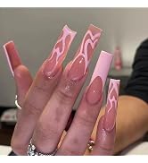 French Tip Press On Nails Long Fake Nails, Pink Heart Square Full Cover Acrylic Gel Nails, Reusab...
