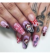 Halloween Press on Nails Medium Coffin Fake Nails Blood False Nails with Design Cute Ghost Glue o...