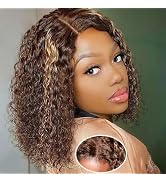 Ombre Bob Wig Human Hair 4/27 Highlight Wear and Go Glueless Wig Deep Wave Curly Honey Blonde Lac...