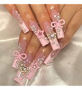 Long Press on Nails Pink French Tip Long Fake Nails Coffin Press on Nails Square False Nails with...