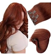 Dark Auburn Clip in Hair Extensions Real Human Hair, 7 Pieces Human Hair Clip in Extensions Hand ...