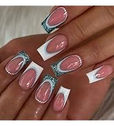 French Tip Press On Nails Long Fake Nails, Blue Square Full Cover Acrylic Gel Nails, Reusable Fal...