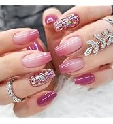 24Pcs Glitter Press on Nails Coffin Medium Fake Nails Pink Purple Nails Press ons with Gradient D...