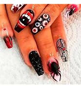 Halloween Press on Nails Long Coffin Fake Nails with Designs Scary Eye Spider Web Bloody Glue on ...