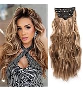 NAYOO Clip in Hair Extensions for Women 20 Inch Long Wavy Curly Brown Mix Blonde Hairpieces Full ...
