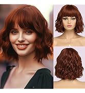 BESTUNG Short Auburn Wigs for Women Dark Ginger Wig with Bangs Brown Wigs Curly Hair Medium Lengt...