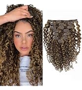 Caliee Two Tone Color 14Inch Jerry Curly Clip in Hair Extension Human Hair #4 Dark Brown Color wi...