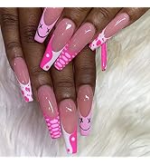 YOSOMK Press on Nails Long Pink Fake Nails with Designs Glossy False Nails for Women Girls Stick ...