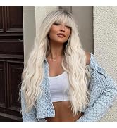 ORSUNCER Ombre Platinum Blonde Long Wavy Wigs with Bangs for Women Long Curly Synthetic Hair Natu...