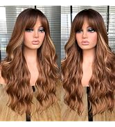 Annivia Long Wavy Wig with Bangs for Women Long Curly Wavy Wig Natural Looking Synthetic Heat Res...