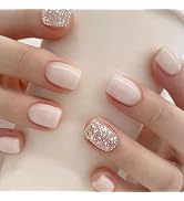 ROMODIYA Press on Nails Short Square, Sliver Glitter Milk White Fake Nails, Gel Made Solid Color ...