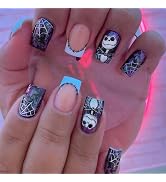 24 Pcs Halloween Press on Nails Short French Tip Fake Nails Full Cover Coffin False Nails with Sk...