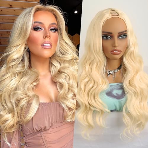Mayouda V Part Wig Long 613 Body Wavy Wigs Upgrade U Part Synthetic Hair for Black Women 24Inch Light Blonde Head Clip In Hair Glueless Natural Wavy Women Natural Looking For Daily Use(Light Blonde)