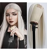 EVLYNN Platinum White Synthetic Lace Front Wigs Silky Straight White Heat Resistant Replacement W...