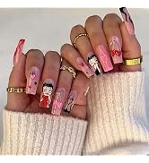 Halloween Press on Nails Long with Cherry Flame Heart Designs Nude Acrylic Fake Nails Cute False ...