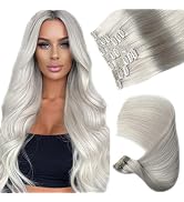 Benafee Clip in Human Hair Extensions, 7PCS Platinum Silver Hair Extensions Clip in Human Hair Cl...