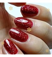 Christmas Red Press on Nails Short Almond GLAMERMAID, Oval Short Fake Nails with Design, Handmade...