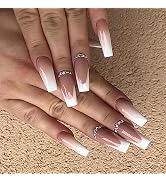MUZOXEN French Tip Press on Nails Long, Square Fake Nails with Rhinestones Designs, Glossy White ...