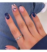 Dark Blue Press on Nails Short Fake Nails with Shiny Curve Designs French Tip Artificial Nails Si...