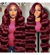 30 Inch 99J Burgundy Lace Front Wigs Human Hair 13x6 Body Wave Lace Front Wigs Human Hair 200 Den...