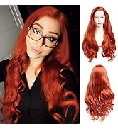 BESTUNG Long Body Wavy Orange Red Synthetic Lace Front Wig Free Part Glueless Half Hand Tied Heat...