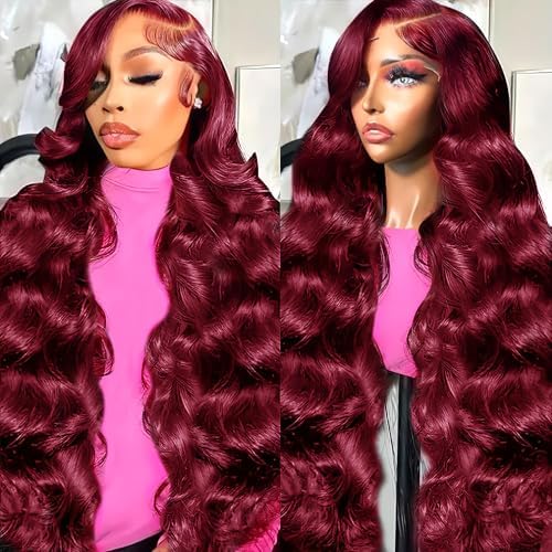 Lukymart 28 Inch 99J Burgundy Lace Front Wigs Human Hair 13x6 HD Transparent Body Wave Lace Front Wigs Pre Plucked 99j Burgundy Red Wine Glueless Human Hair Wigs for Women