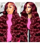 Lukymart 28 Inch Burgundy Lace Front Wigs Human Hair Body Wave 13x6 HD Transparent Lace Front Wig...