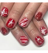 Christmas Press on Nails Short Square MABKJLF Fake Nails White & Red False Nails with Designs Sno...