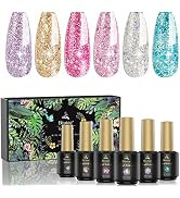 Glitter Gel Nail Polish Set,6 Colors Sparkly Reflective Nail Polish,Shiny Diamond Sliver Pink Pur...