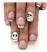 Halloween French Tip Press on Nails Short Square Mummy Fake Nails Black Skeleton False Nail Full ...