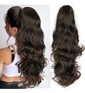 ORSUNCER Long Ponytail Extension Claw Clip in Long Darkest Brown Mixed Medium Brown Curly Wavy Po...