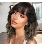 ENTRANCED STYLES Short Brown Wigs for Women Black to Brown Wavy Wig with Bangs Short Bob Wig 16In...