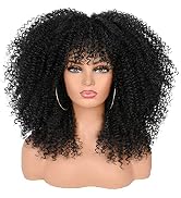 ANNISOUL 16Inch Curly Wigs for Black Women Black Afro Bomb Curly Wig with Bangs Synthetic Fiber G...