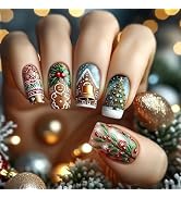 Christmas Press on Nails Medium Square Fake Nails Xmas Tree Small Bell Gingerbread Man Designs Wi...