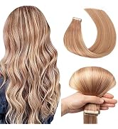 ShowJarlly Tape Hair Extentions Real Human Hair 16 Inch Tape in Human Hair Color 10 Highlights 22...