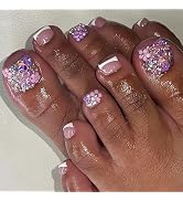3D Rhinestones Purple Flower Charms Press on Toenails Short Square Fake Toenails with Pearl Charm...