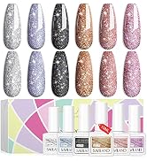 Saviland Glitter Gel Nail Polish Set - 6 Colors Holographic Lasered Gel Polish Set Shiny Silver G...
