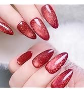 WAFOLOZE Almond Press on Nails Medium Squoval Fake Nails Red False Nails with Cat Eye Gloss Desig...