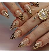 Gold Press on Nails Short Almond Fake Nails French Tip False Nails with Designs Star Rhinestones ...