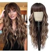 Brown Mixed Blonde Wig with Bangs Long Blonde Highlight Wavy Wigs for Women Ombre Brown Synthetic...
