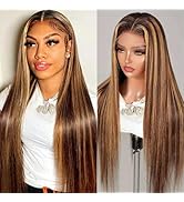 AUOU 30 Inch Highlight Ombre Lace Front Wig Human Hair 13x6 Honey Blonde Straight Lace Front Wigs...