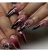 BABALAL Stiletto Press on Nails Long Fake Nails Dark Red Black Glue on Nails Metallic Heart Charm...
