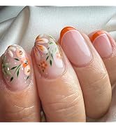 Short Press on Nails Oval Fake Nails Orange French Tip Nails Press ons with Cute Flower Patterns ...
