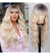 Cisyia Ombre Blonde Wig with Bangs Long Wavy Wigs for Women 26 Inches Synthetic Heat Resistant Cu...