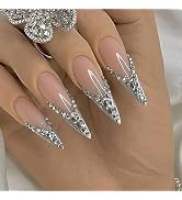 BABALAL Long Stiletto Press on Nails Sliver French Tip Fake Nails Glitter Glue on Nails Rhineston...