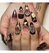 BABALAL Almond Press on Nails Medium Fake Nails Brown Fall Glue on Nails Golden Chrome Baroque Ar...