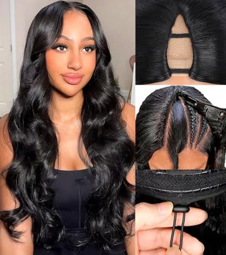 V Part Wig Human Hair Body Wave Upgrade Glueless Wigs Human Hair U part Half Wigs With Clip in V Part Wig Glueless With Elastic Drawstring Body Wave Human Hair Beginner Friendly (20inch)