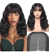 WIGNEE 4x4 Lace Human Hair Wig with Bangs Natural Wave Human Hair Wigs for White Women 14 Inch Gl...
